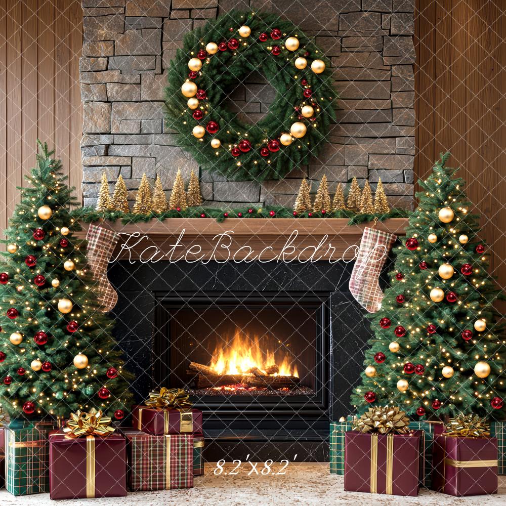 Kate Christmas Tree Brick Fireplace Wreath Brown Backdrop Designed by Mini MakeBelieve