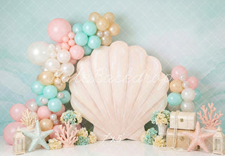 Kate Cake Smash Seashell Balloons Starfish Coral Pastel Printed Backdrop Designed by Patty Roberts