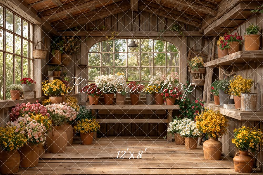 Kate Spring Rustic Wooden Greenhouse Flower Pots Backdrop Designed by Emetselch