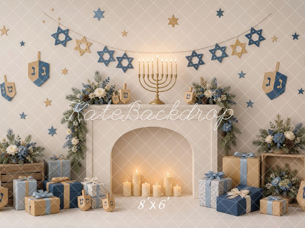 Kate Hanukkah Fireplace Menorah Dreidels Gifts Printed Backdrop Designed by Ashley Ward