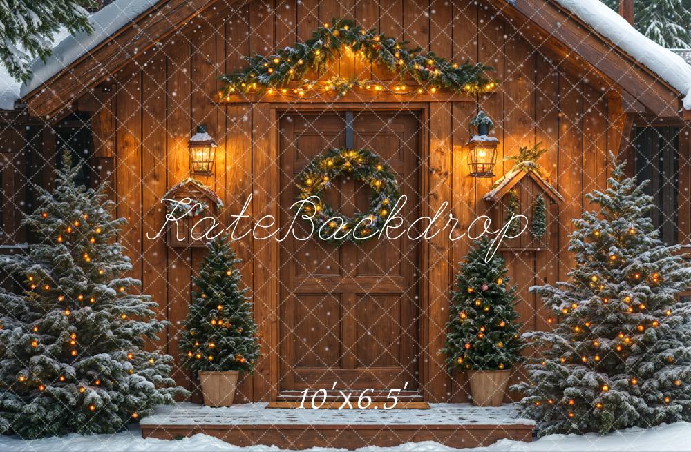 Fondo de Cabaña Navideña con Árboles Nevados