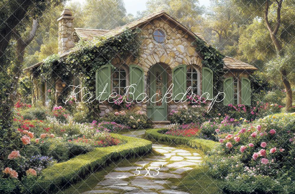 Kate Rustic Stone Cottage Garden Path Flowers Backdrop Designed by Mini MakeBelieve