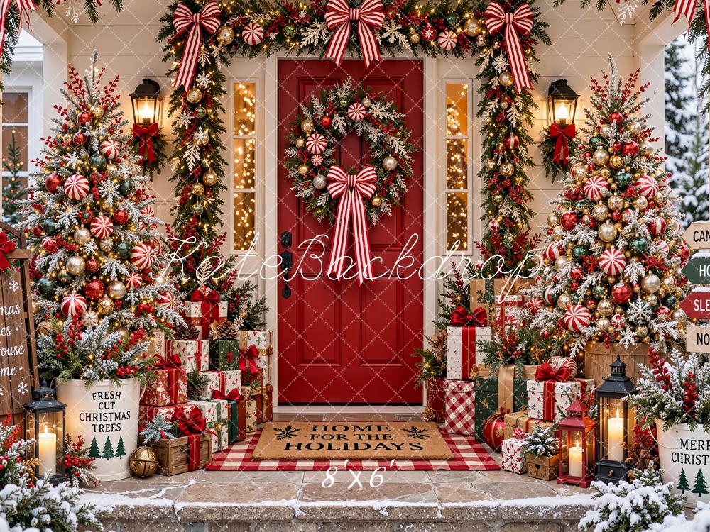 Kate Christmas Red Front Door Peppermint Trees Garland Snow Printed Backdrop Designed by Shutter Swan Studios