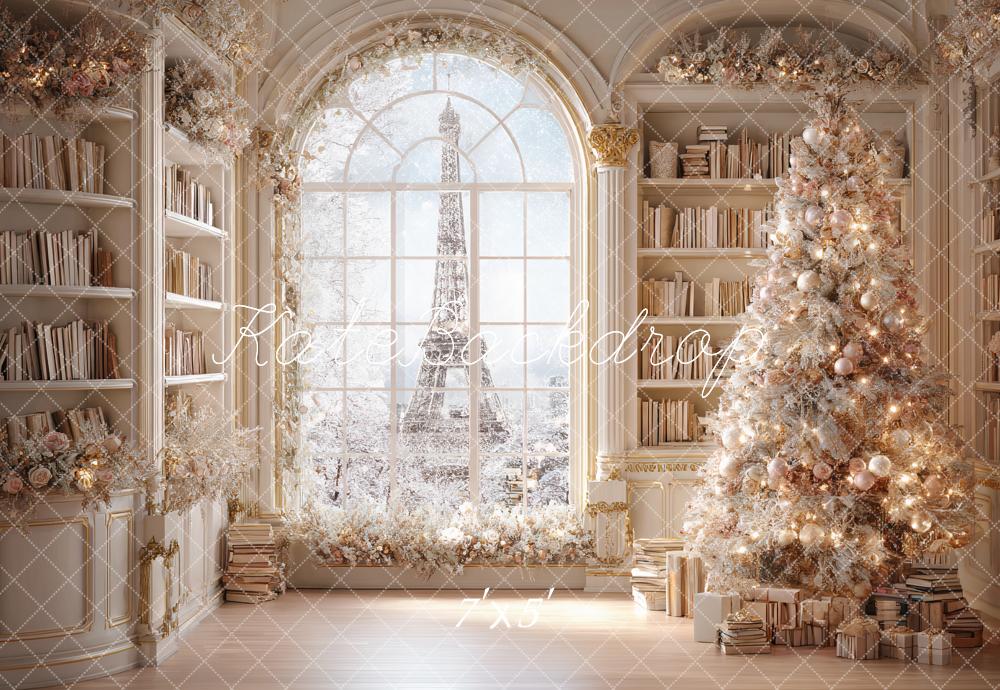 Kate Christmas Bookcase Arch Window Tree Eiffel Tower Backdrop Designed by Ashley Paul