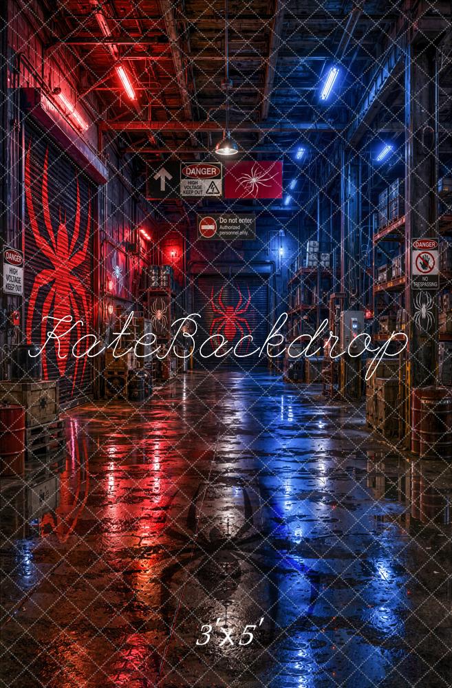 Kate Urban Red Blue Industrial Spider Warehouse Printed Backdrop Designed by Emetselch