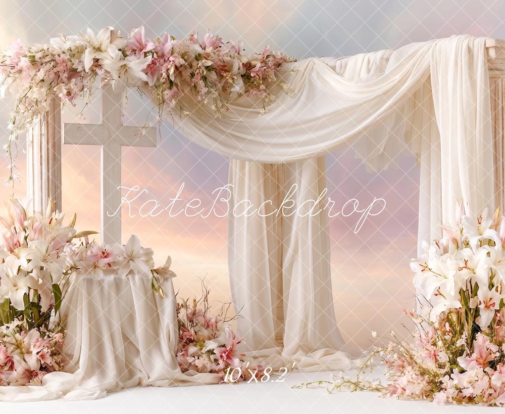 Kate Church Stage Cross Lillies Wedding Flower Arch Draped Columns Printed Backdrop Designed by Angela Miller