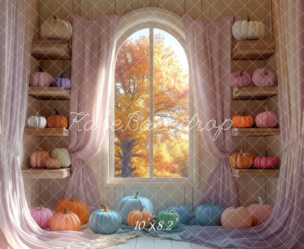 Cortinas de Ventana de Calabazas Pastel Otoñales Estantes Fondo Diseñado por Mini MakeBelieve