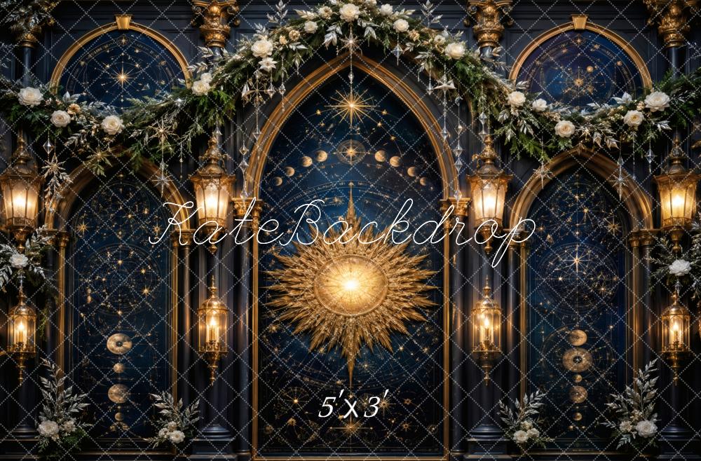 Kate Celestial Sunburst Arched Windows Lanterns Flowers Printed Backdrop Designed by Vertigo Productions