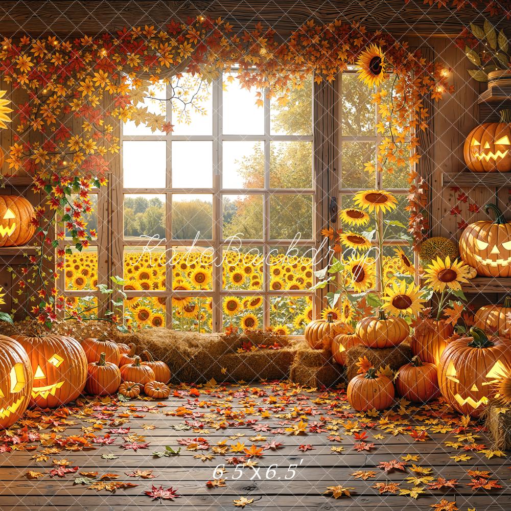 Kate Halloween Fall Sunflower Pumpkin Leaves Backdrop Designed by Emetselch