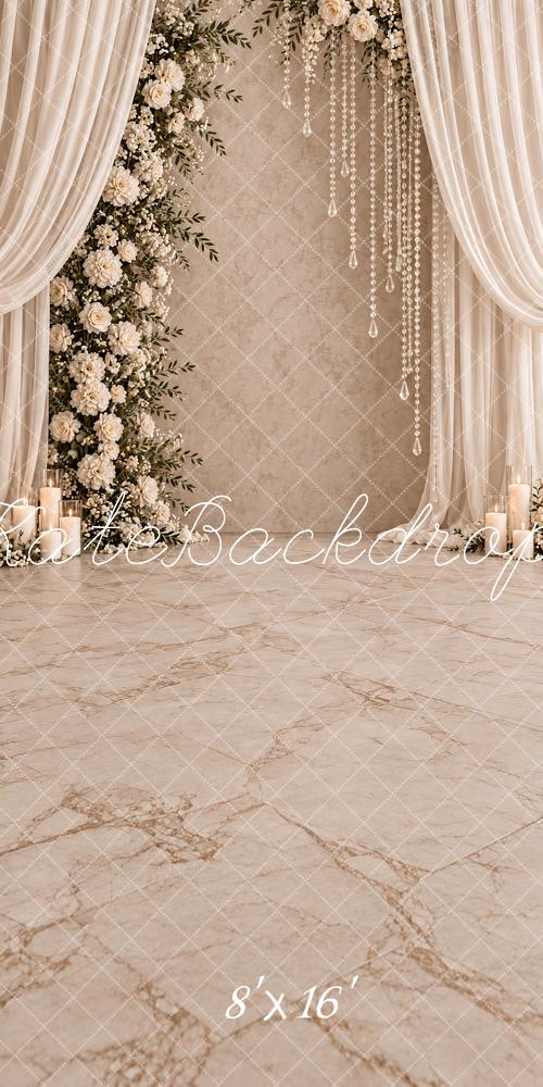 Kate Sweep Wedding Beige Floral Arch Crystal Drapes Printed Backdrop Designed by Vertigo Productions
