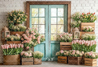 Kate Spring Flower Arch Wooden Crates Blue Door Printed Backdrop Designed by Emetselch