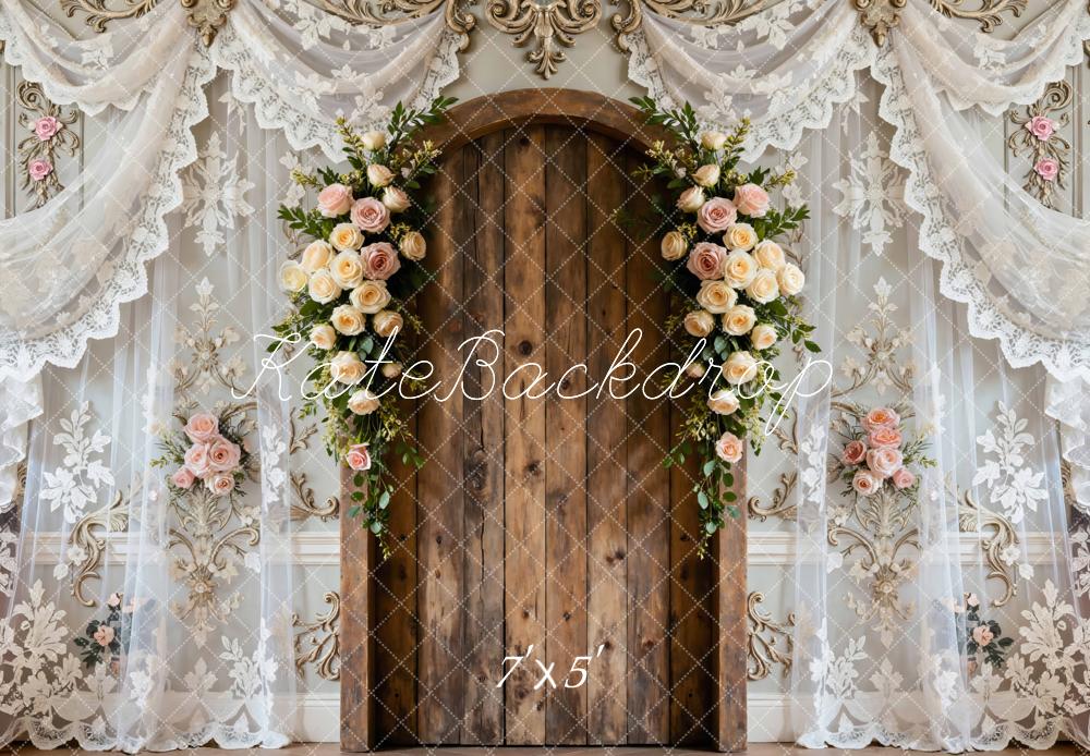 Kate Spring Flower Arch Wooden Door Lace Curtain Backdrop Designed by Mini MakeBelieve