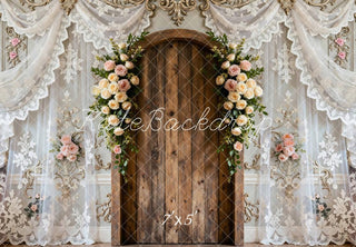 Kate Spring Flower Arch Wooden Door Lace Curtain Printed Backdrop Designed by Mini MakeBelieve