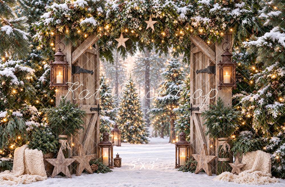 Kate Christmas Rustic Evergreen Wood Door Arch Stars Snowy Pine Trees Printed Backdrop Designed by Angela Miller