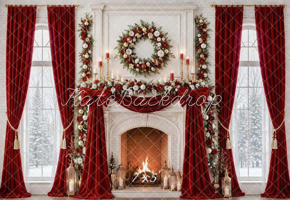 Kate Christmas Red Curtains Fireplace Wreath Garland Printed Backdrop Designed by Emetselch