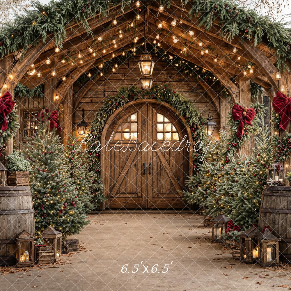 Kate Christmas Rustic Wooden Arch Door Garland Pine Trees Backdrop Designed by Emetselch