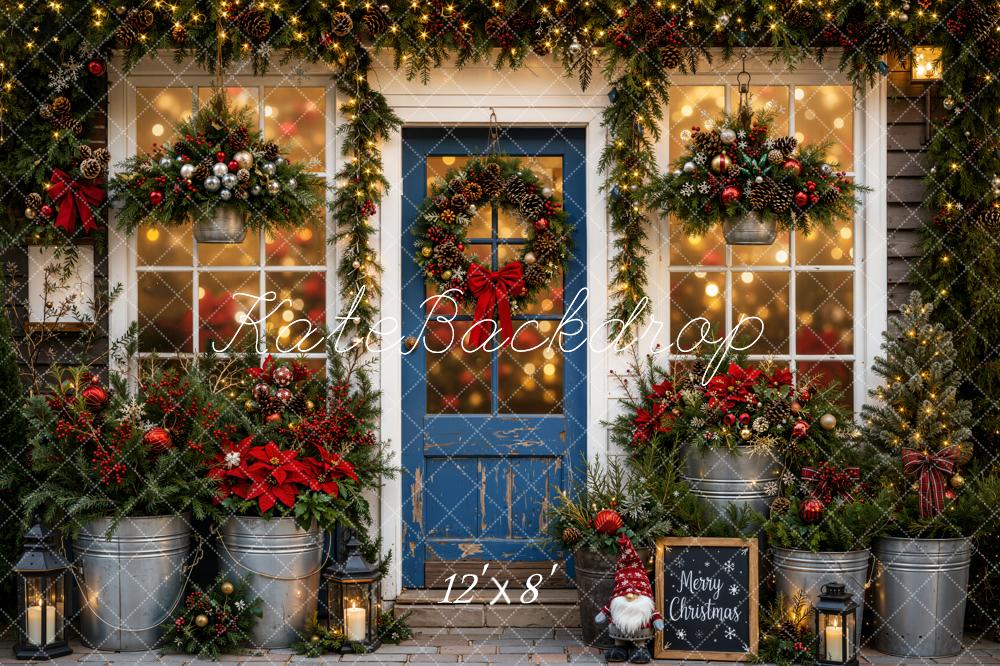 Kate Christmas Blue Door Garland Poinsettia Lanterns Printed Backdrop Designed by Emetselch