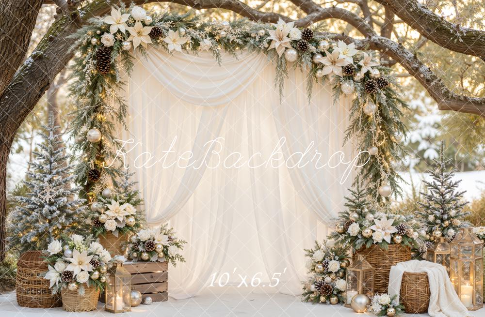 Kate Christmas White Drapes Floral Garland Lantern Arch Printed Backdrop Designed by Emetselch