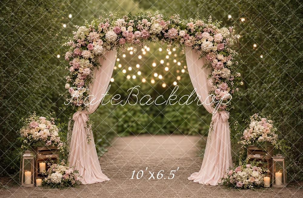Kate Wedding Romantic Garden Flower Arch Drapes String Lights Printed Backdrop Designed by Angela Miller
