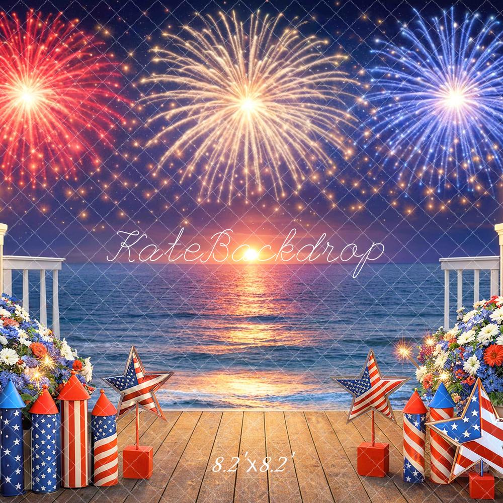 Kate 4th Of July Fireworks Ocean Deck Floral Printed Backdrop Designed by Mini MakeBelieve