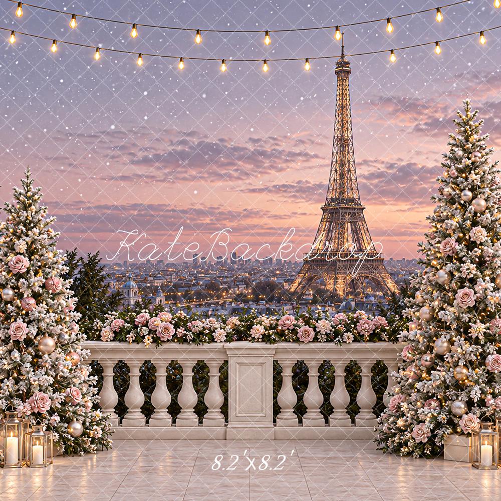 Kate Christmas Tree Eiffel Tower City Balcony Floral Lantern Printed Backdrop Designed by Angela Miller