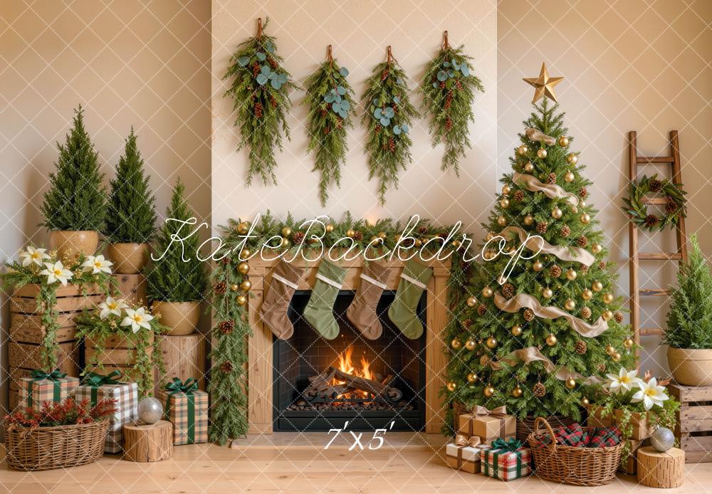 Kate Christmas Tree Rustic Fireplace Greenery Stockings Gifts Printed Backdrop Designed by Mini MakeBelieve