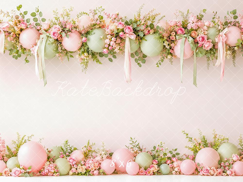 Kate Spring Pastel Floral Balloon Garland Ribbons Bows Printed Backdrop Designed by Angela Miller