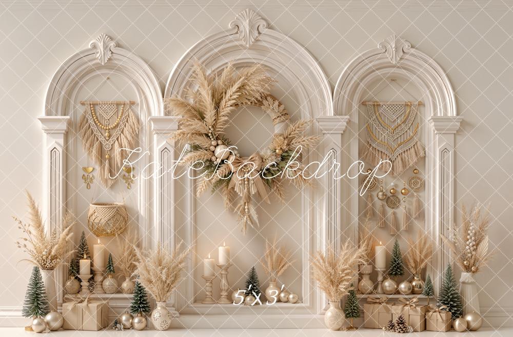 Kate Boho Arched Wall Christmas Tree Pampas Wreath Decor Printed Backdrop Designed by Emetselch