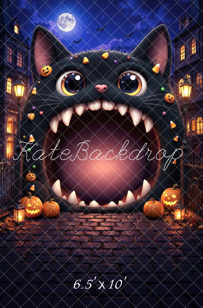 Kate Halloween Trunk or Treat Black Cat Haunted House Cobblestone Printed Backdrop Designed by Mini MakeBelieve