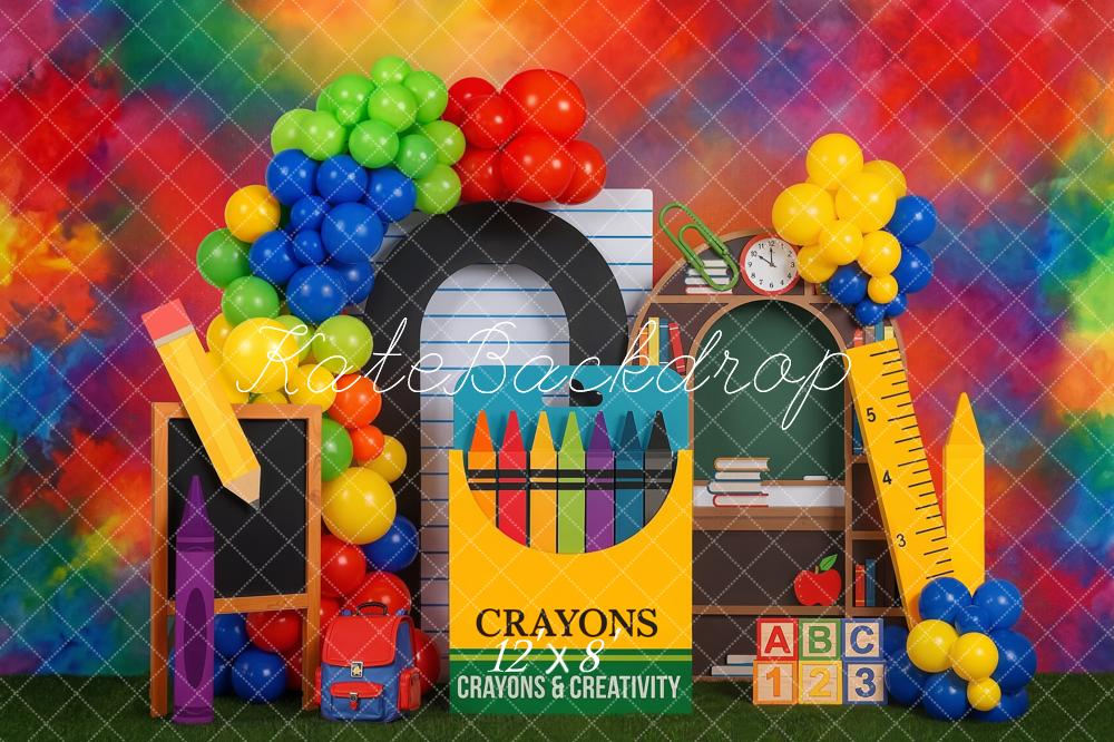 Kate Back to School Rainbow Crayons Balloons Chalkboard Ruler Printed Backdrop Designed by Emetselch