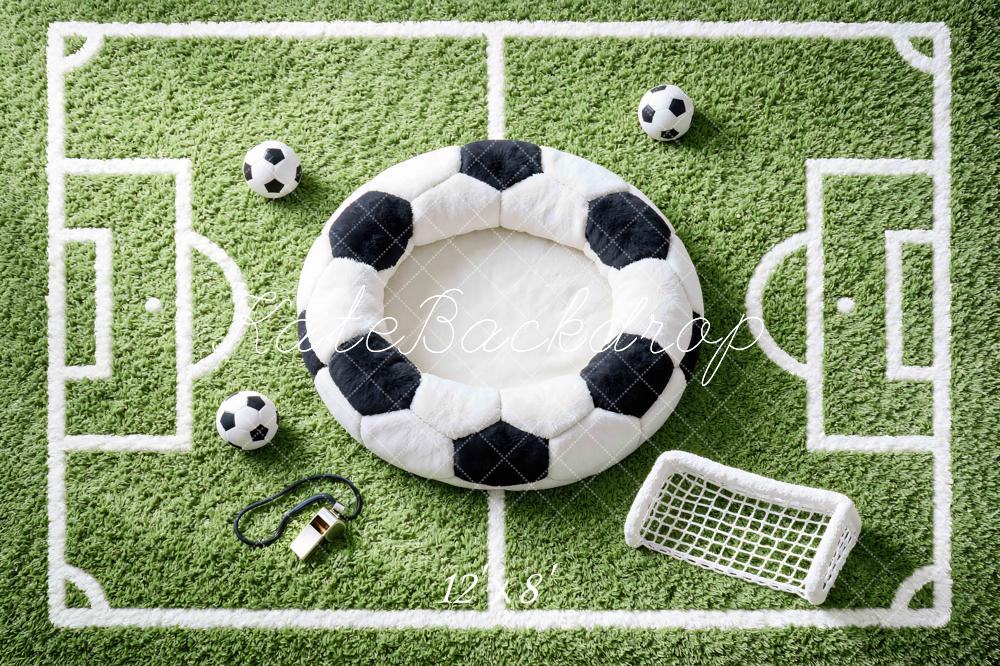 Kate Newborn Soccer Field Green Grass Soccer Ball Goal Printed Backdrop Designed by Mini MakeBelieve
