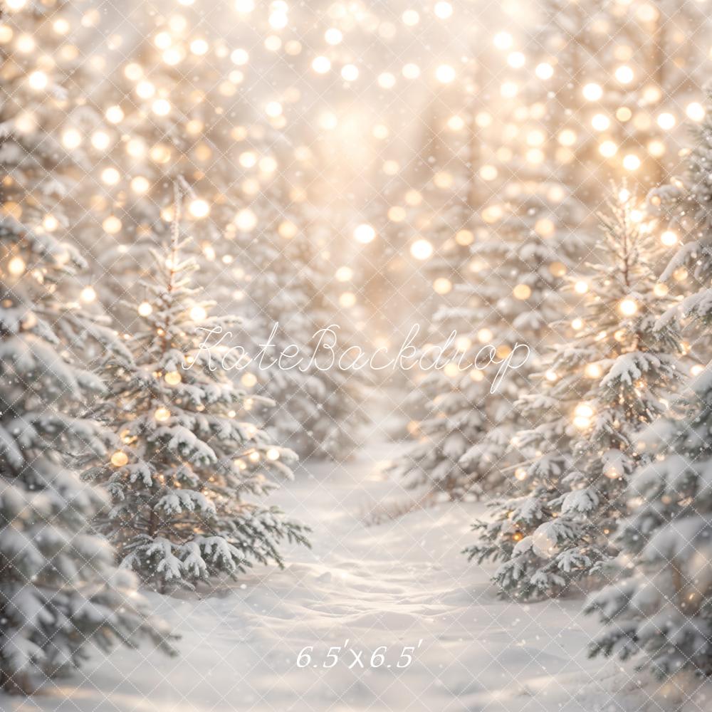 Kate Christmas Snowy Pine Trees Warm Lights Printed Backdrop Designed by Emetselch