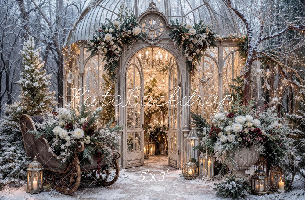 Kate Christmas Snowy Glass Greenhouse Floral Sleigh Printed Backdrop Designed by Jordan Moon