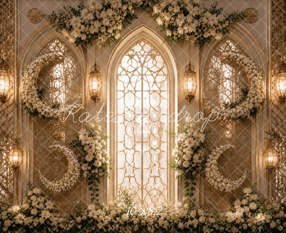 Kate Celestial Crescent Moon Floral Arch Window Printed Backdrop Designed by Vertigo Productions