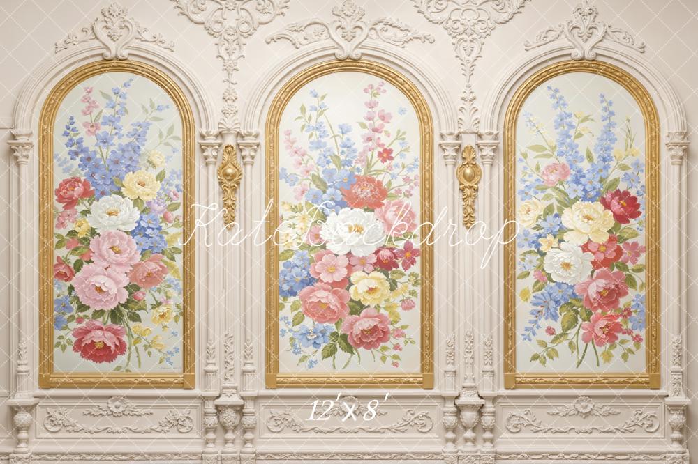 Kate Spring Floral Gold Ornate Arch Vintage Wall Printed Backdrop Designed by Emetselch