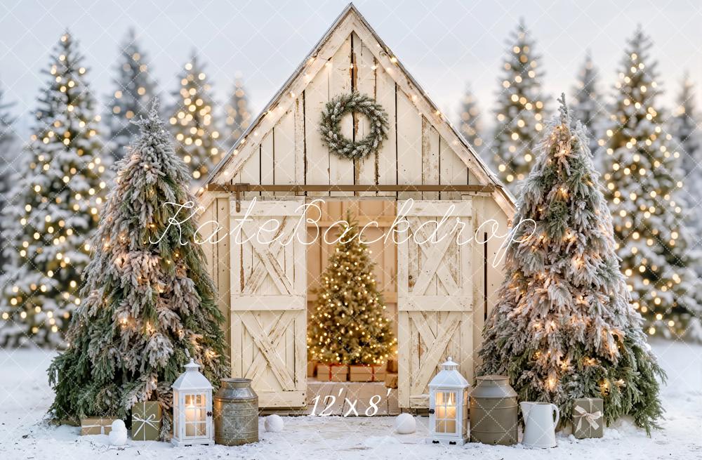 Kate Christmas Rustic White Barn Snowy Forest Lanterns Printed Backdrop Designed by Emetselch