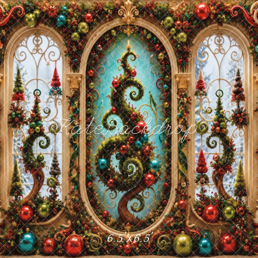 Kate Christmas Swirled Trees Ornaments Garland Windows Printed Backdrop Designed by Vertigo Productions