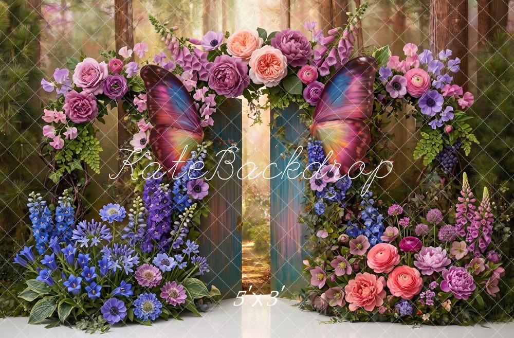 Kate Fantasy Enchanted Butterfly Gate Flower Forest Printed Backdrop Designed by Angela Miller