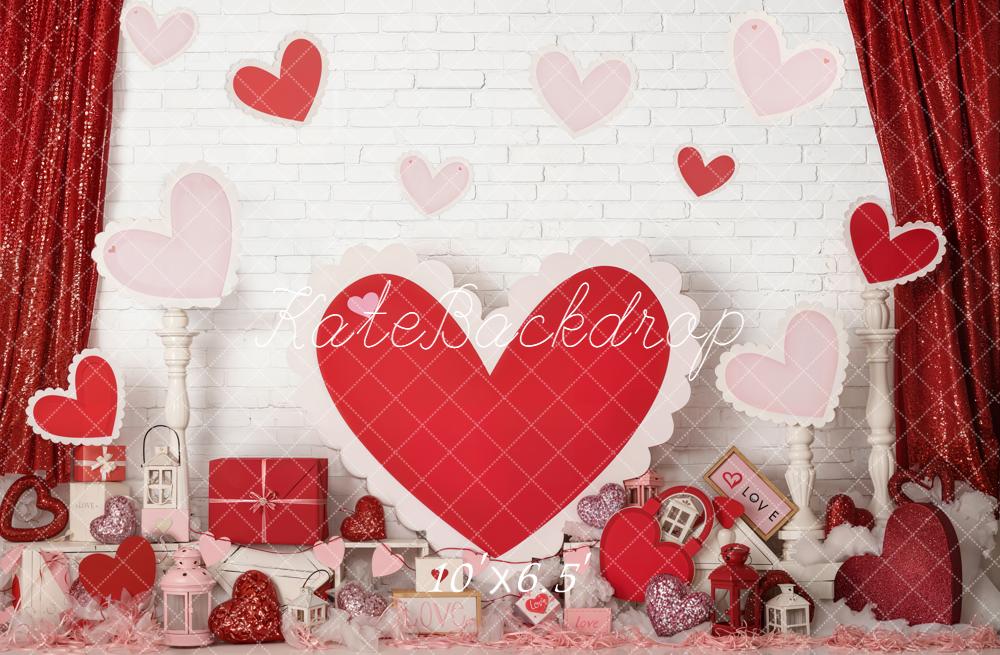 Kate Valentine's Day Red Hearts Gifts White Brick Wall Backdrop Designed by Emetselch