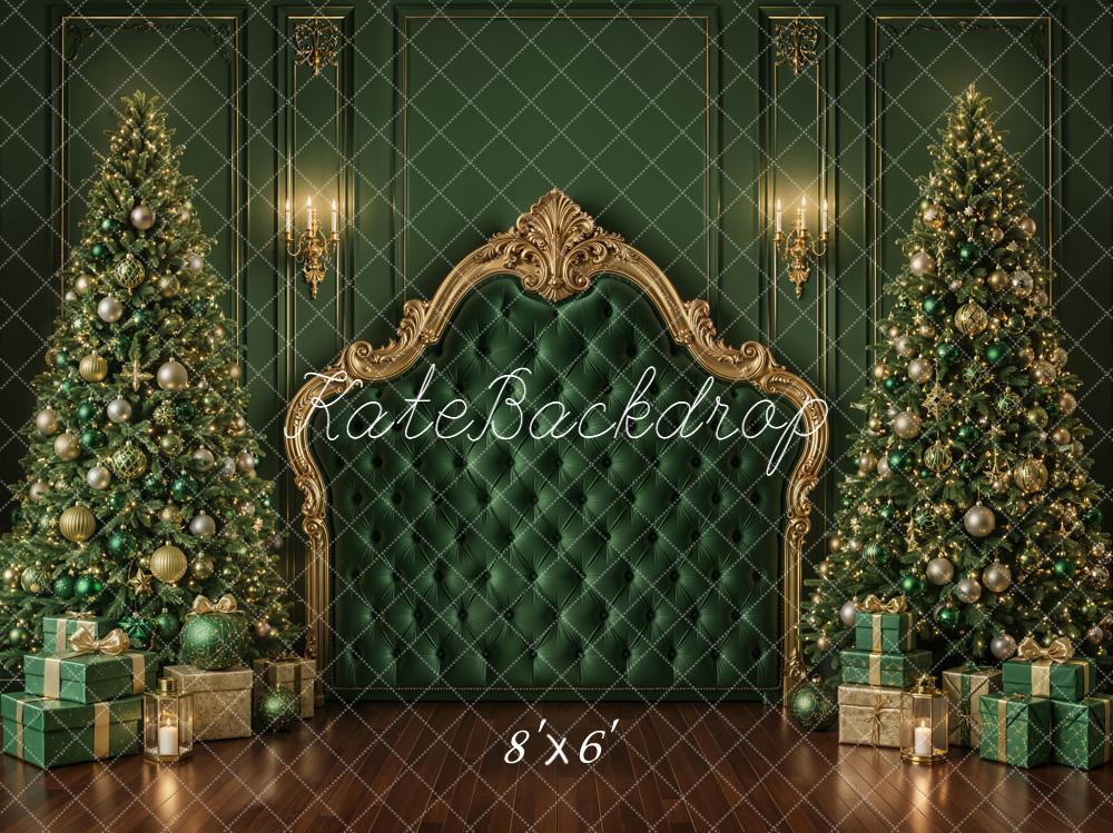 Kate Christmas Green Royal Upholstered Headboard Christmas Tree Printed Backdrop Designed by Emetselch