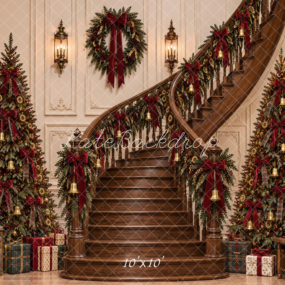 Kate Christmas Staircase Trees Wreaths Gifts Printed Backdrop Designed by Emetselch