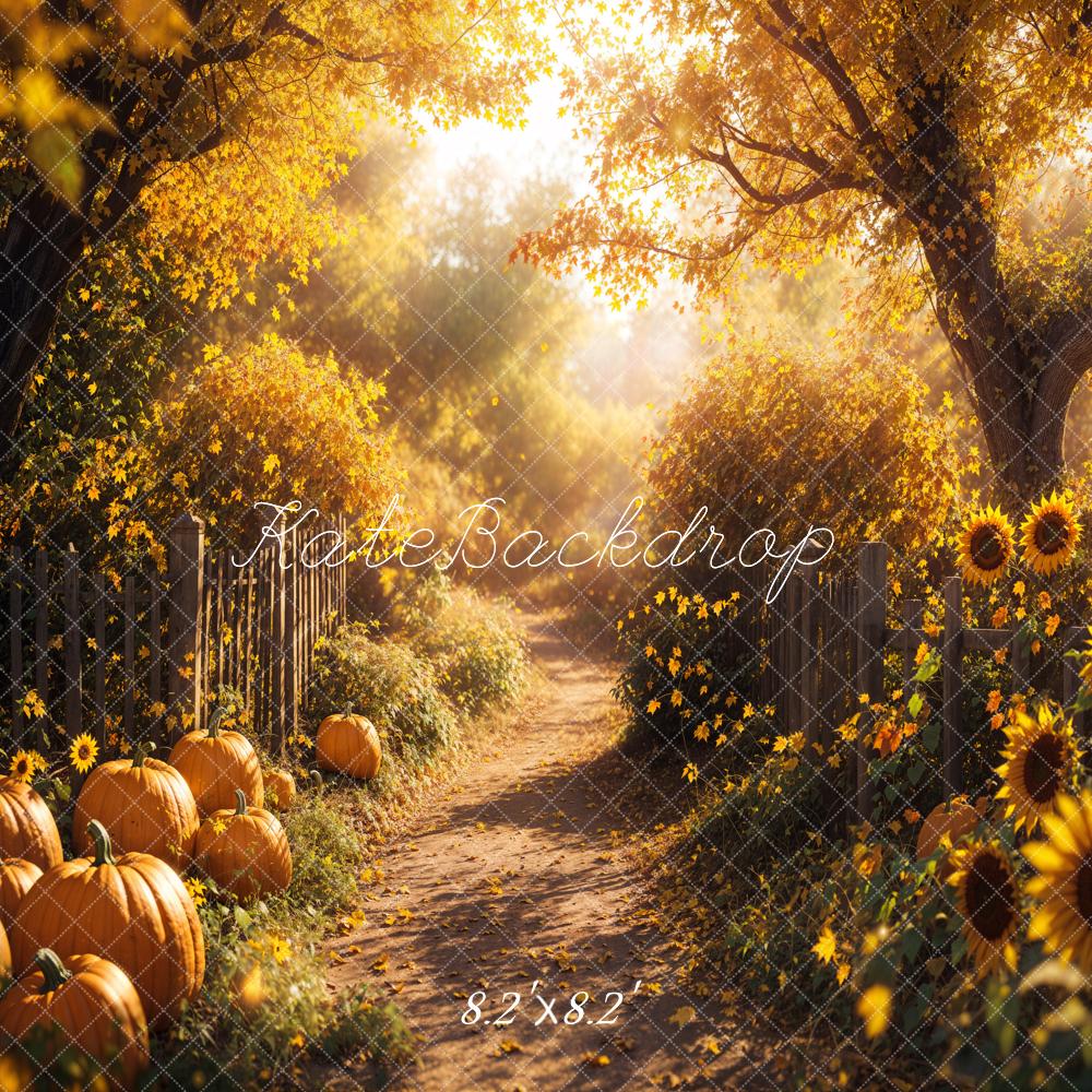 Golden Autumn Pathway with Pumpkins Backdrop