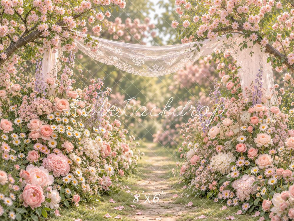 Kate Spring Romantic Flower Arch Lace Drapery Printed Backdrop Designed by Emetselch