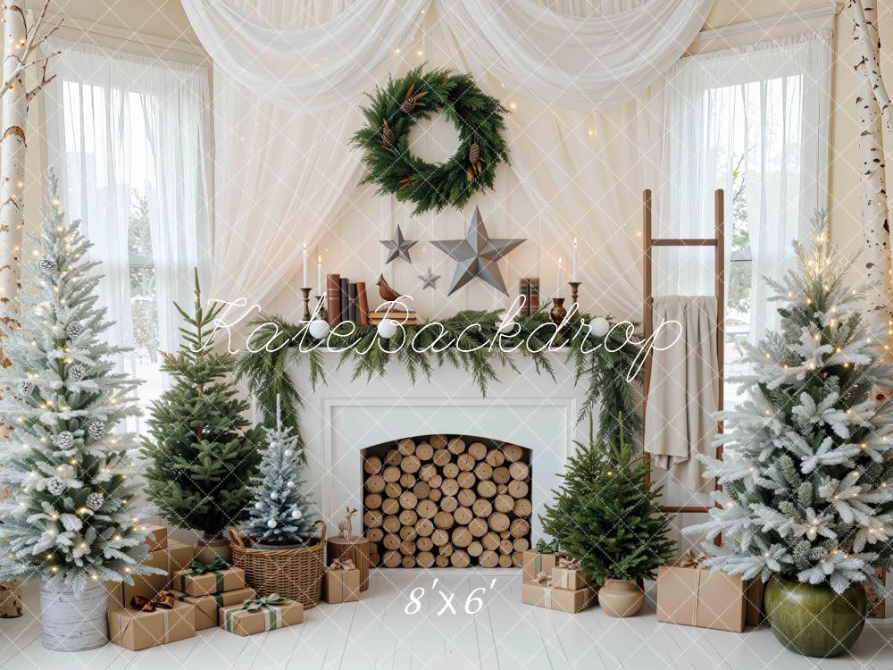 Kate Christmas Fireplace White Pine Trees Drapes Wreath Gifts Printed Backdrop Designed by Mini MakeBelieve