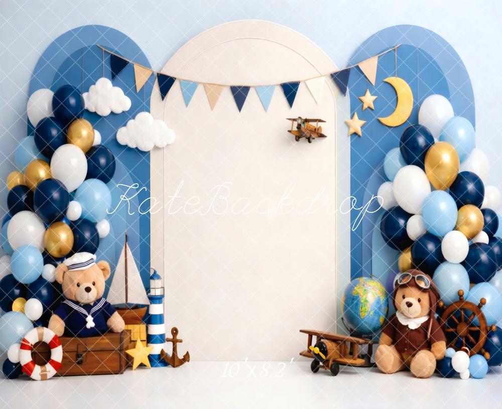 Kate Cake Smash Nautical Aviator Teddy Bear Balloons Clouds Moon Printed Backdrop Designed by Vertigo Productions