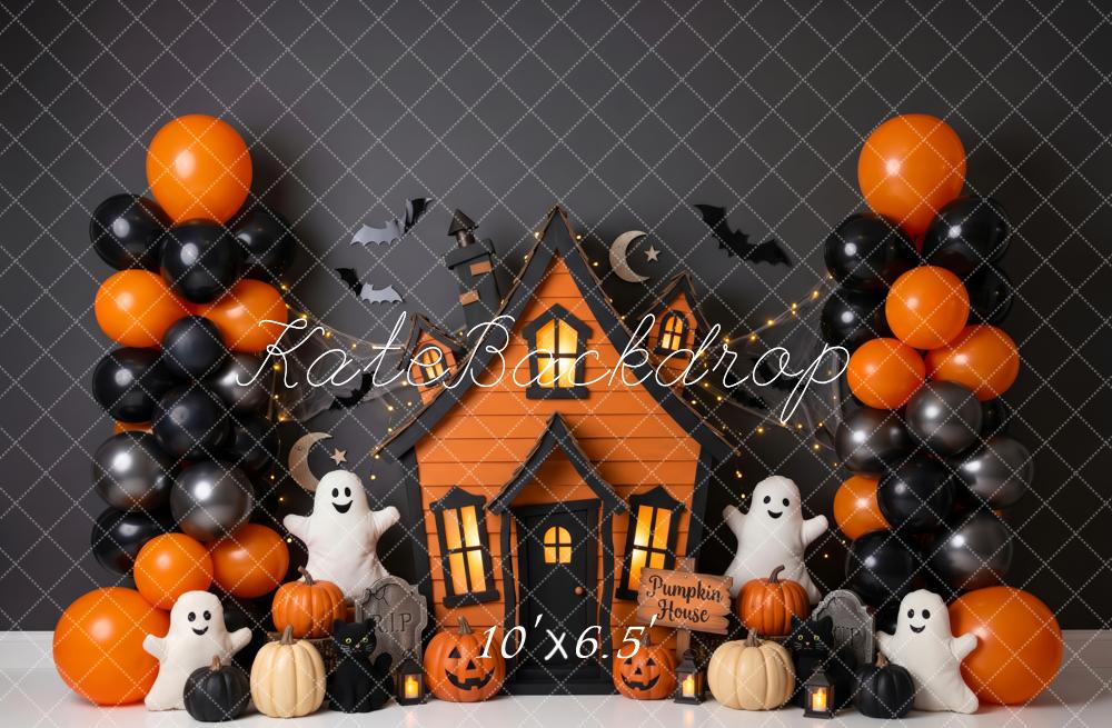 Kate Halloween Haunted House Cute Ghosts Bats Pumpkins Balloons Printed Backdrop Designed by Patty Roberts