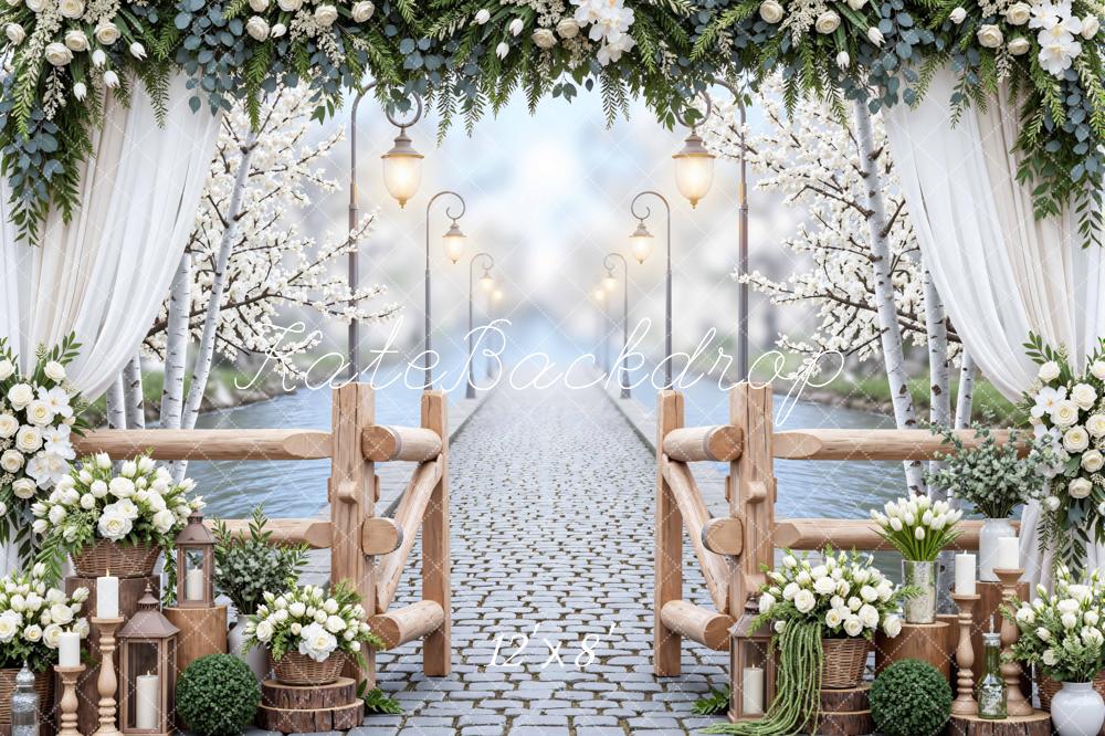 Kate Spring Cobblestone Bridge White Flowers Lanterns Curtain Backdrop Designed by Mini MakeBelieve
