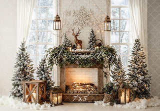 Kate Christmas Fireplace Snowy Trees Lanterns Reindeer Window Printed Backdrop Designed by Emetselch