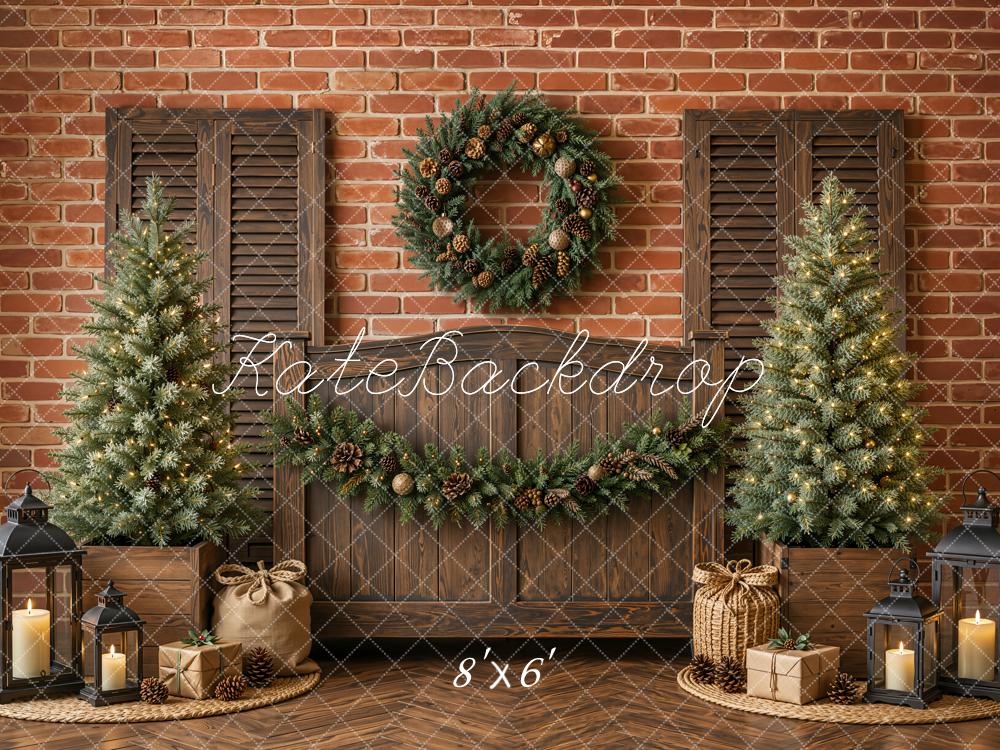 Kate Christmas Headboard Rustic Wood Christmas Tree Wreath Garland Brick Wall  Printed Backdrop Designed by Emetselch