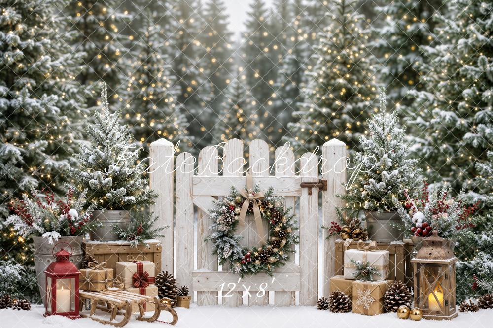 Kate Christmas Snowy Forest Gate Fence Lantern Gift Boxes Printed Backdrop Designed by Emetselch